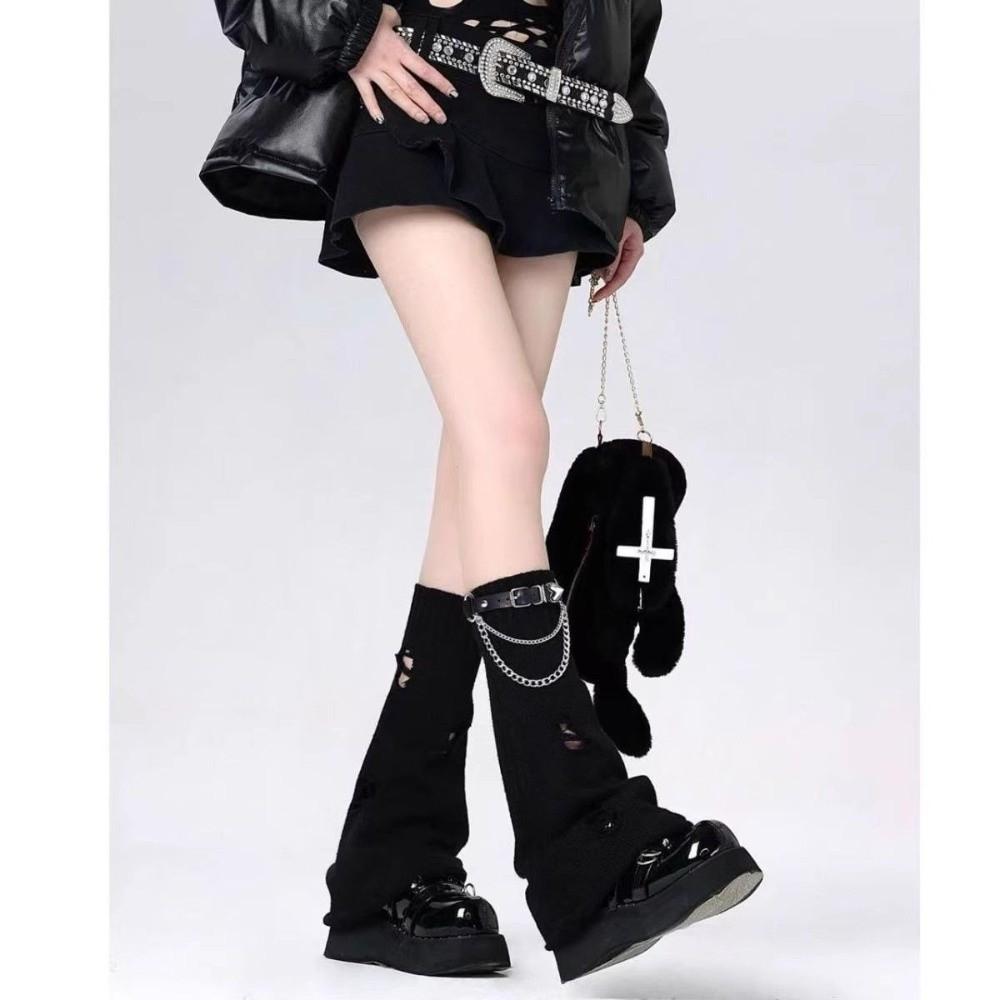Leather Buckle Knitting Leg Warmers Over Knee Length Flare Long Leggings Thigh High Socks Girls Style E
