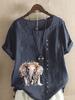 Women's Fashion Elephant Print Casual Cotton Linen Short Sleeve Round Neck T-shirt Shirt Leisure Loose Summer Blouse Tops