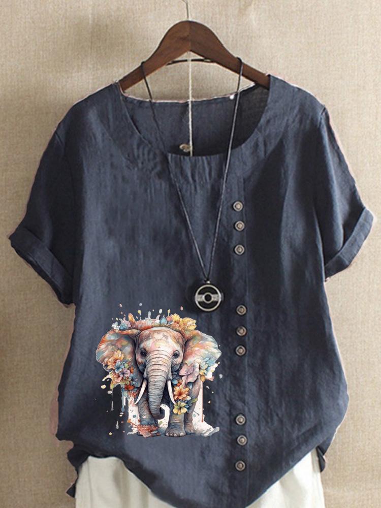 Women's Fashion Elephant Print Casual Cotton Linen Short Sleeve Round Neck T-shirt Shirt Leisure Loose Summer Blouse Tops