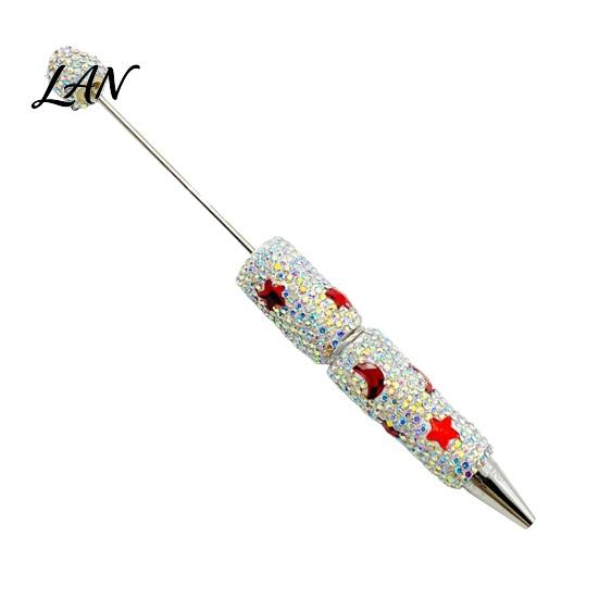 Shiny Rhinestone Pens Glitter Beadable Ballpoint Pen, Sparkly Star Moon Beaded Plastic Customizable DIY Handmade Gel Ink Pen for School Projects,