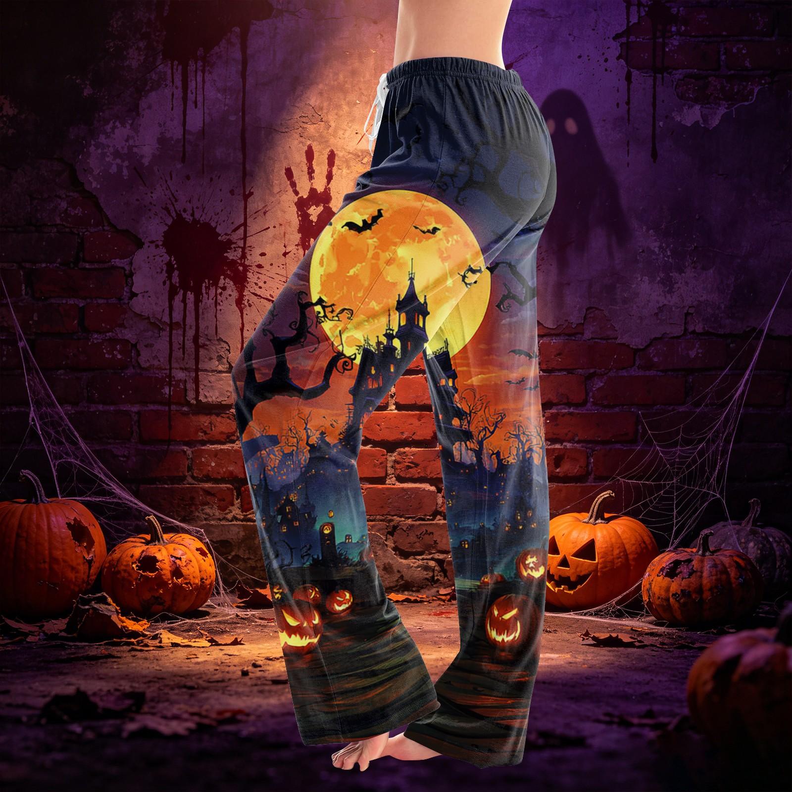 Women s Halloween Print Drawstring Casual Pants with Elastic Waist M