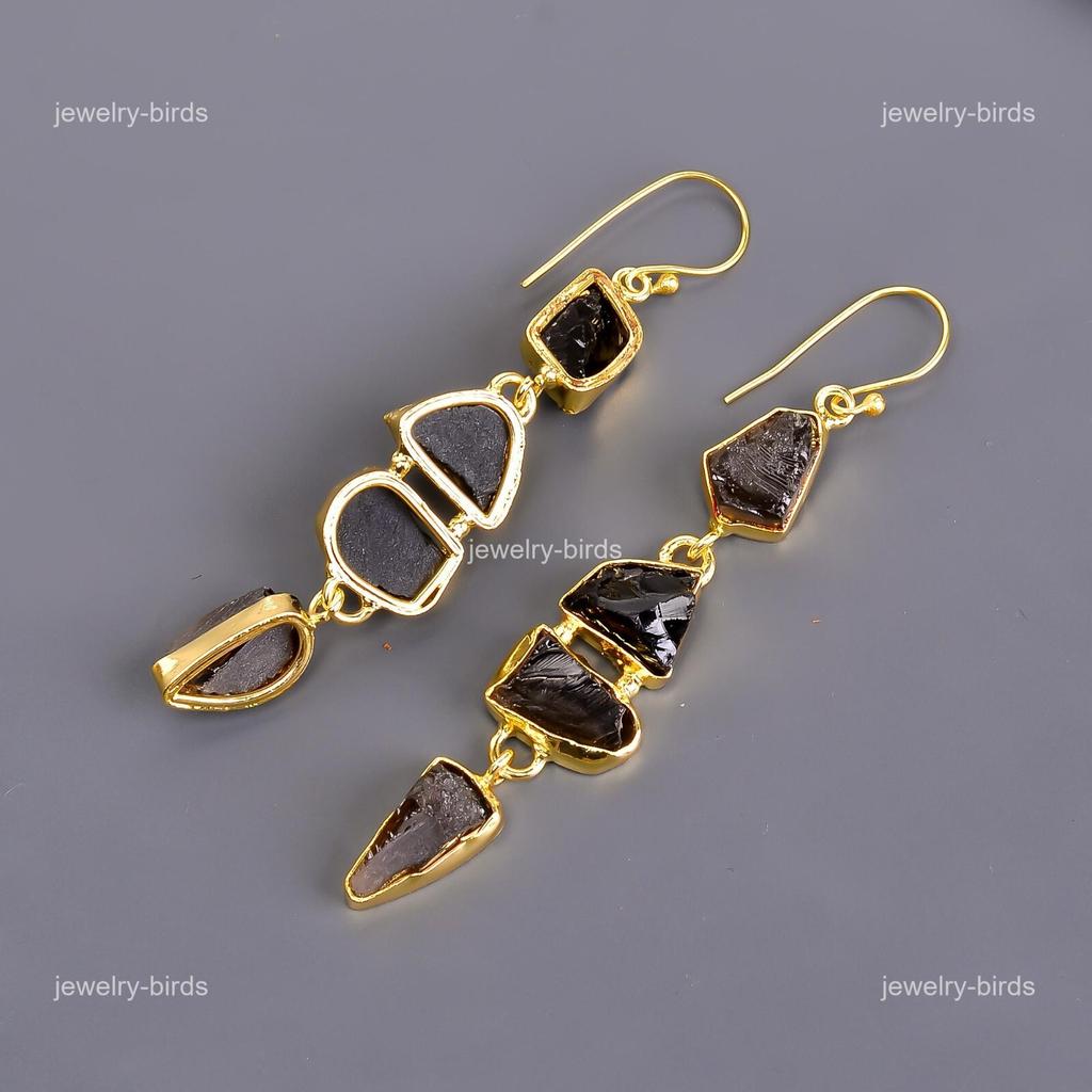 Natural Smoky Quartz Gold Plated Trendy Dangling Electroformed Earrings Jewelry V-115
