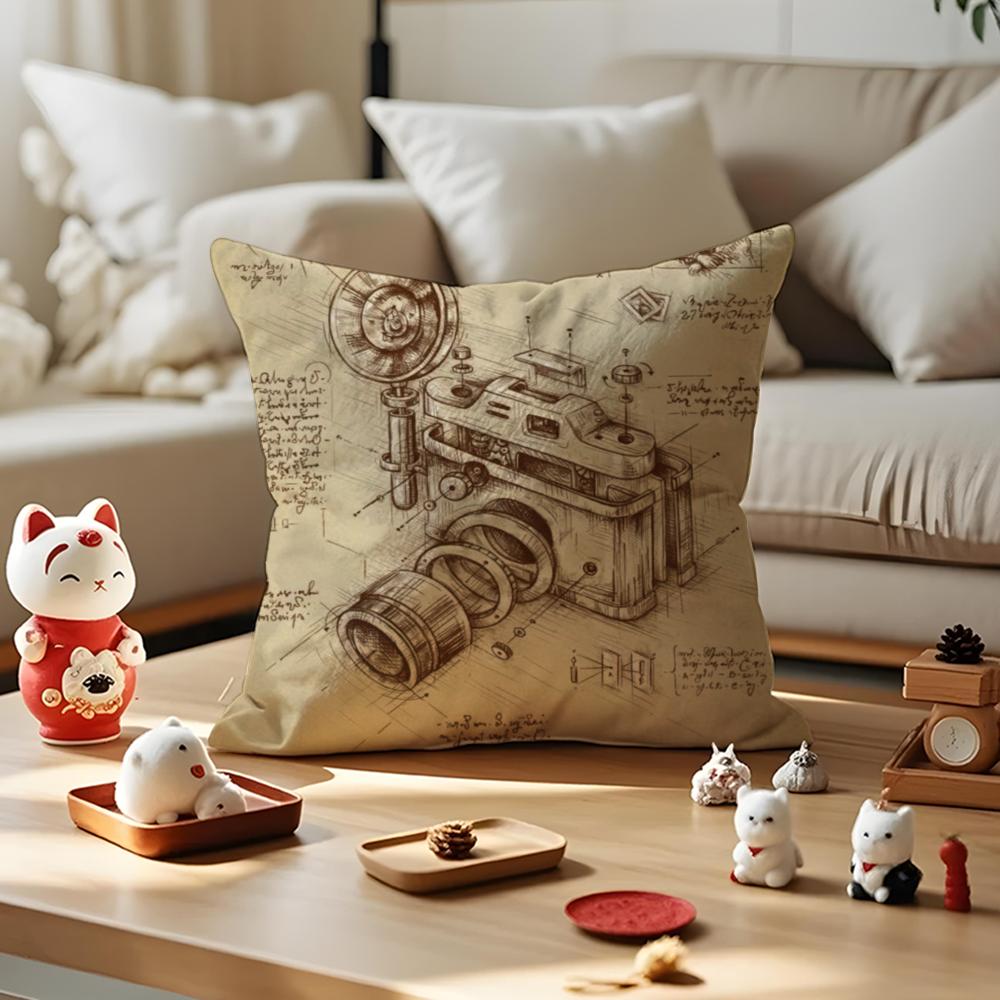 Da VVinci Inspired Sketches Cushion Cover Silky Short Plush Invisible Zipper Dustproof Sofa Pillow Case for Home Decor