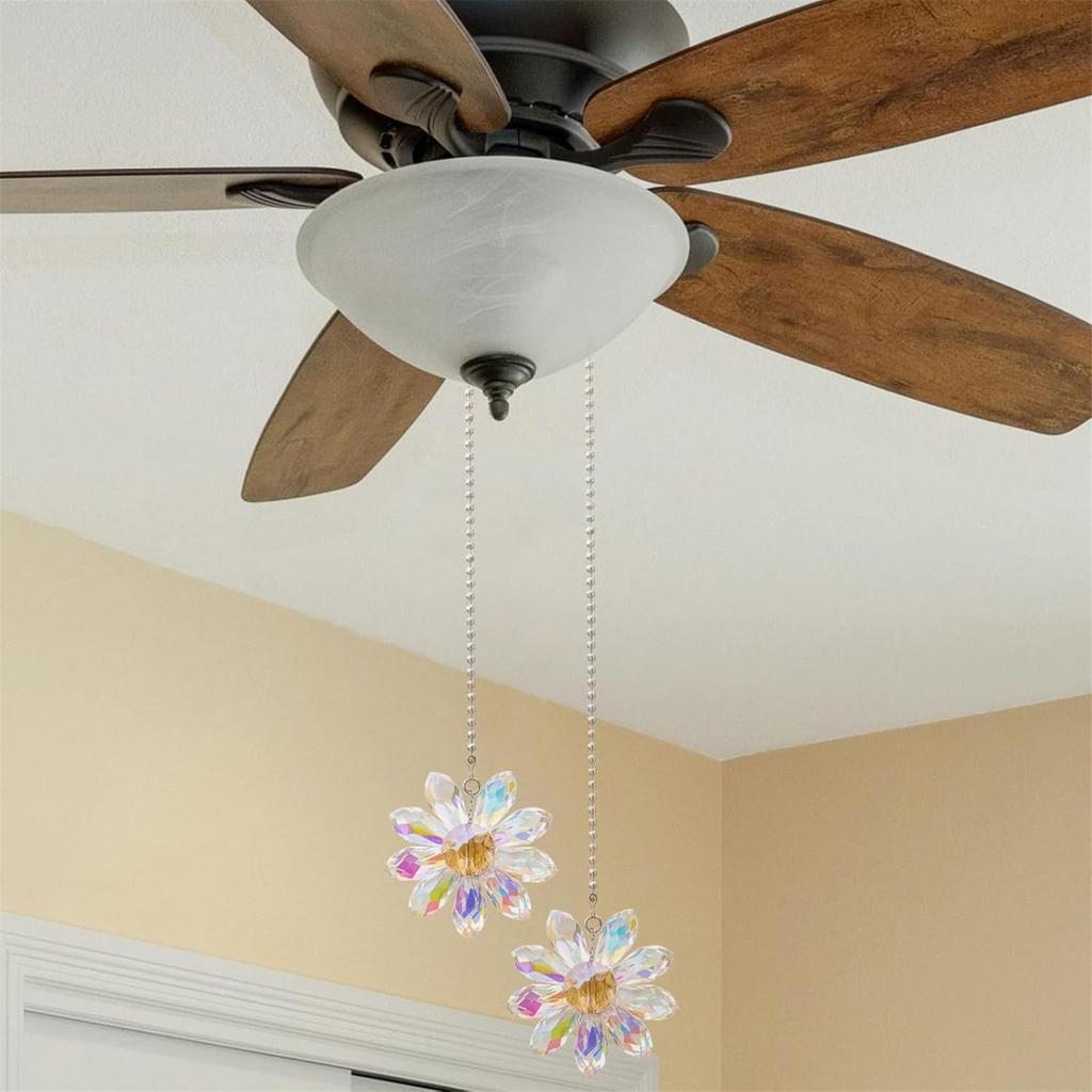 2Pieces Fashionable Crystals Glass Flower Ceiling Fan Pull Chain Set Extenders for Home Decoration In Vibranting Color