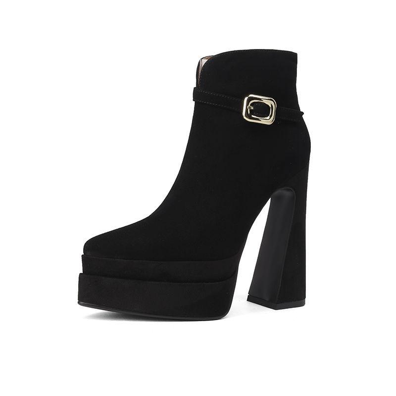 

2025 осень и зима супер высокие каблуки женские толстый каблук водонепроницаемая платформа супер женские ботинки на толстой подошве с острым носком короткие ботинки ненавижу небо высокие Мар 39