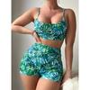 Green Leaf Print 2 Piece Swimsuit Women,2026 High Waist Bikini Tankini,summer Beach Vacation U-neck Suspender Backless Swimwear