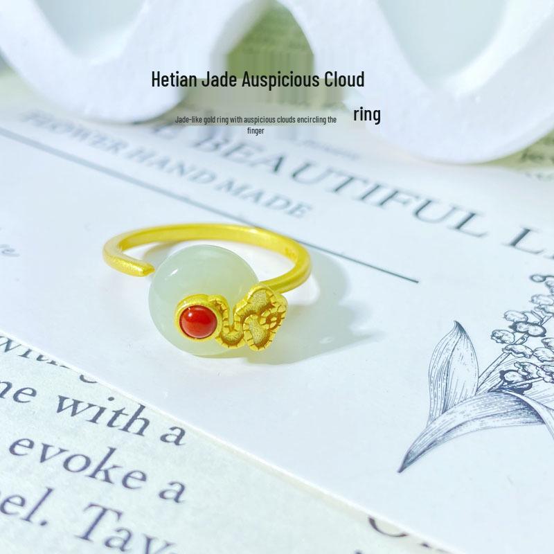 S925 Sterling Silver Hetian Jade Adjustable Ring with Auspicious Cloud Design