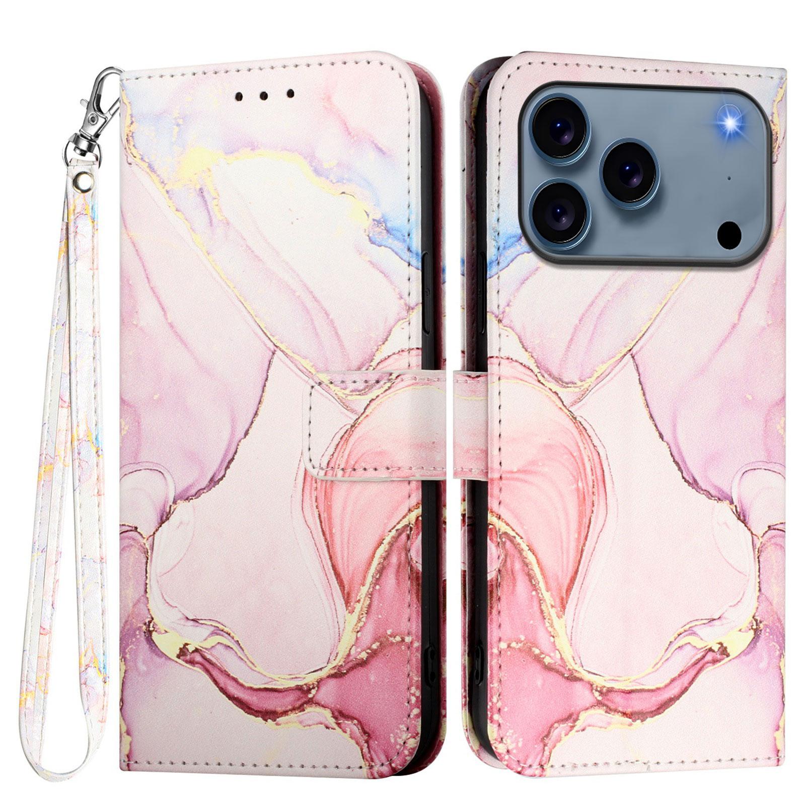 

For iPhone 17 Pro Case with Strap Marble Pattern Leather Phone Cover Card Holder Rose Gold LS005