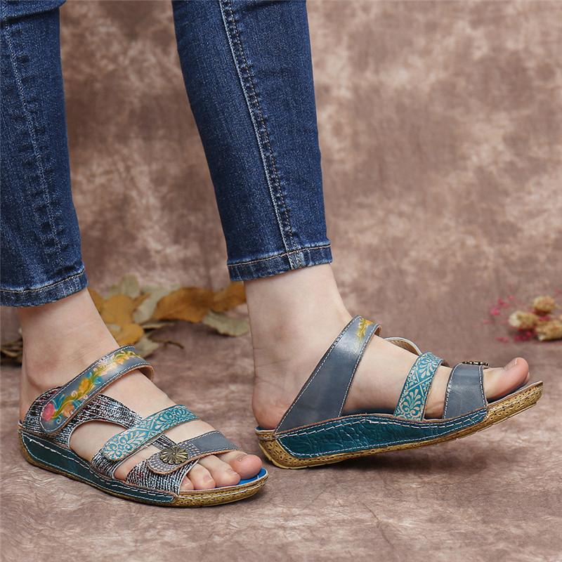 women retro leather painted embossed floral soft footbed orthopedic shoes