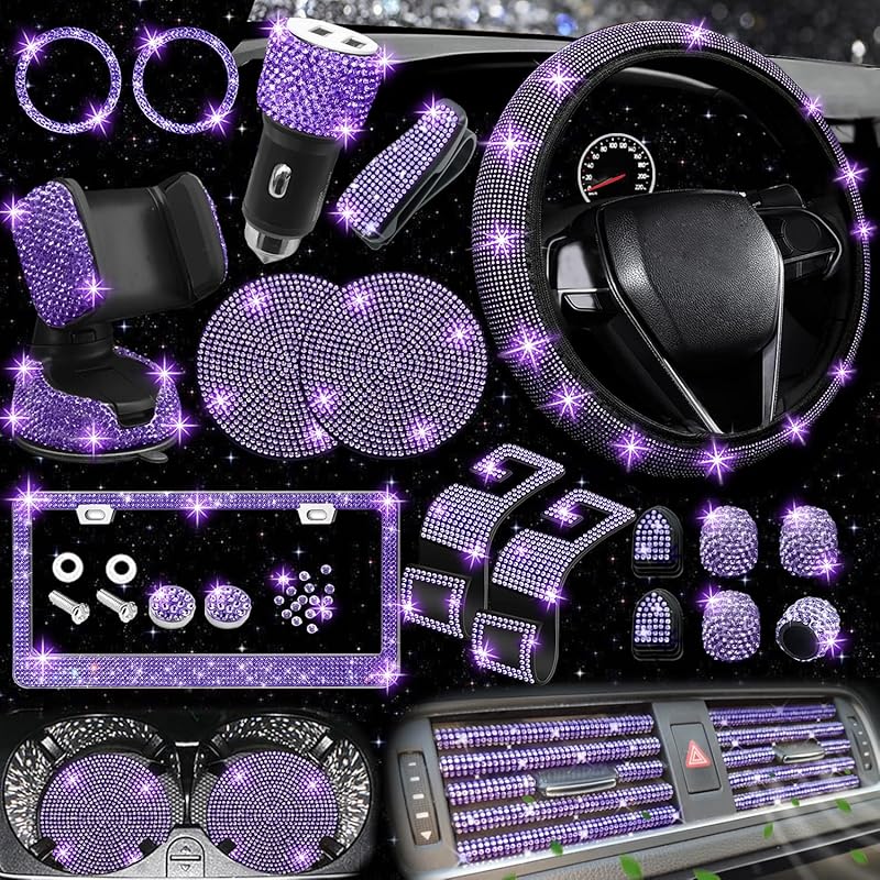 NBTEPEM 27-Piece Bling Car Accessories Set - Universal Fit Steering Wheel Covers, License Plate Frames, Phone Holder, Car Fast Charger, Coasters
