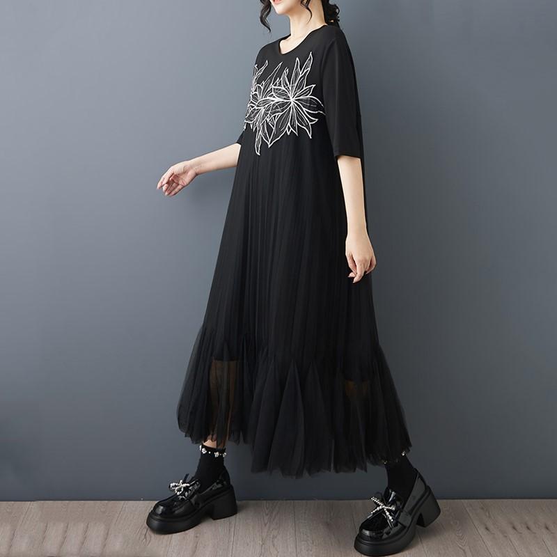 Short Sleeve Plus Size Black Mesh Vintage Embroidery Floral New In Dresses for Women Casual Loose Long Summer Dress