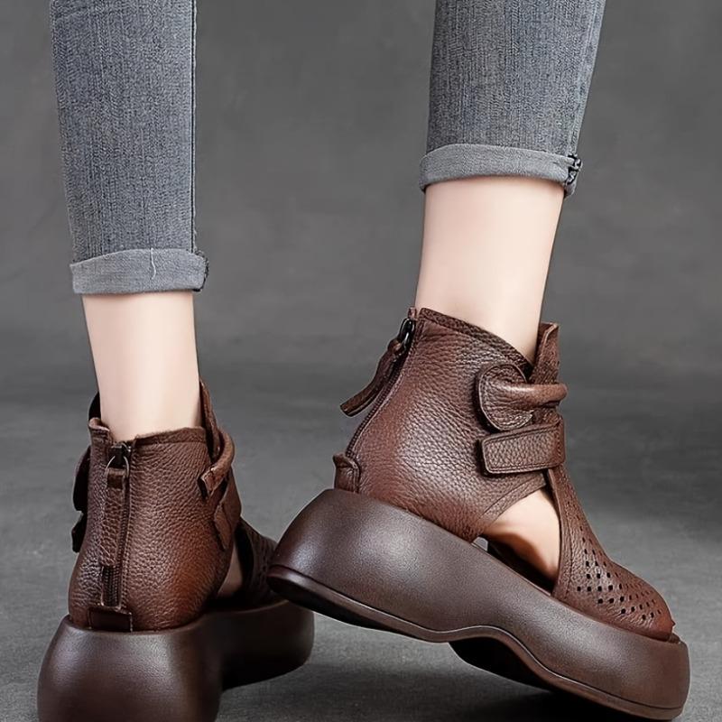 Women's Fashionable Versatile Fishbone Cutout Design Chunky Sole Breathable Roman Sandals