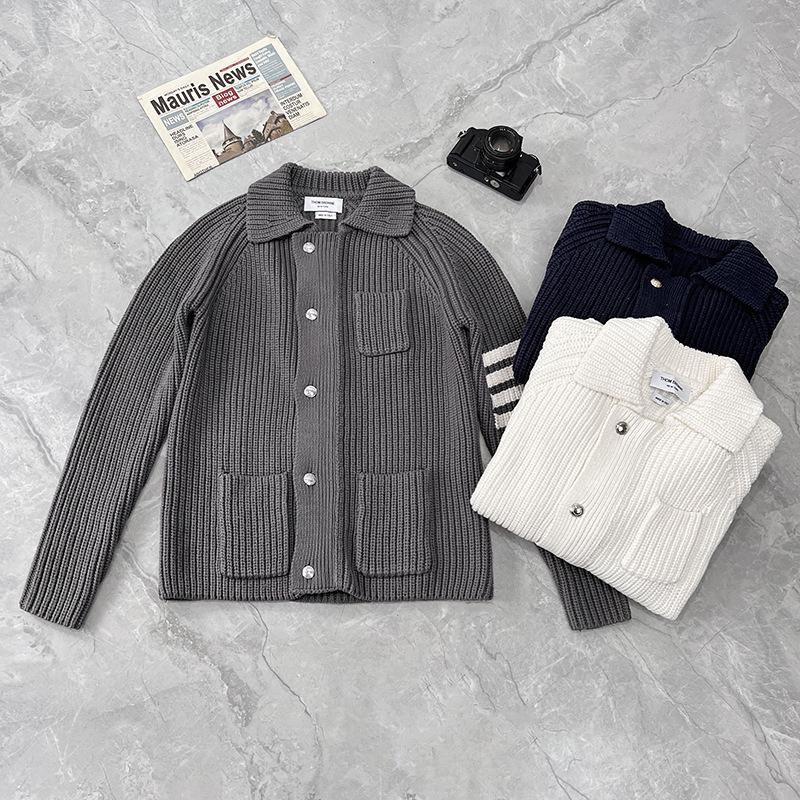 Four-Stripe Unisex Thick Knit Cardigan - Lapel Long Sleeve for Autumn/Winter