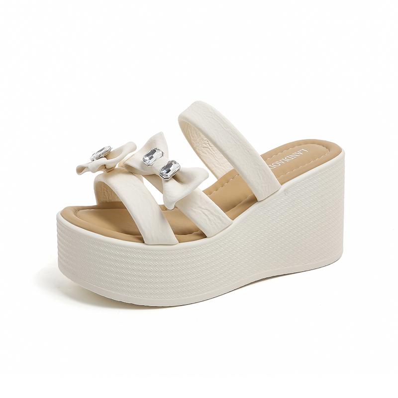 

Fashion High Heels Shoes Woman Summer 9cm Slippers Wedding Rhinestone Sexy Open Head Platform Wedges Slides Slippers 35 бежевый