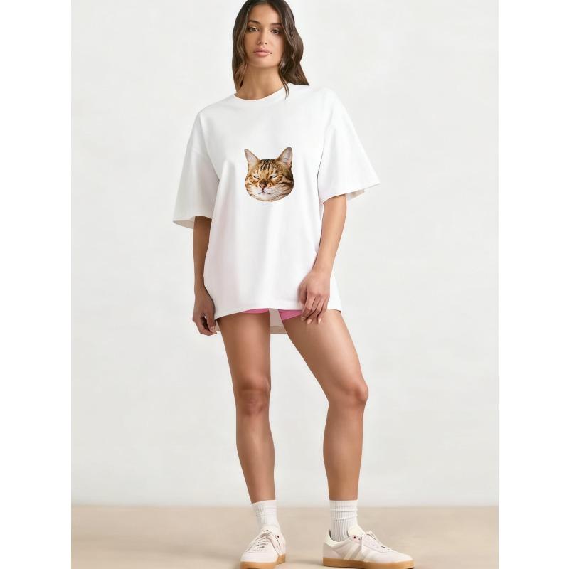Übergroßes T-Shirt Schwarze Katze Gesicht Print Und Text Grafik-Tee Für Freizeitkleidung