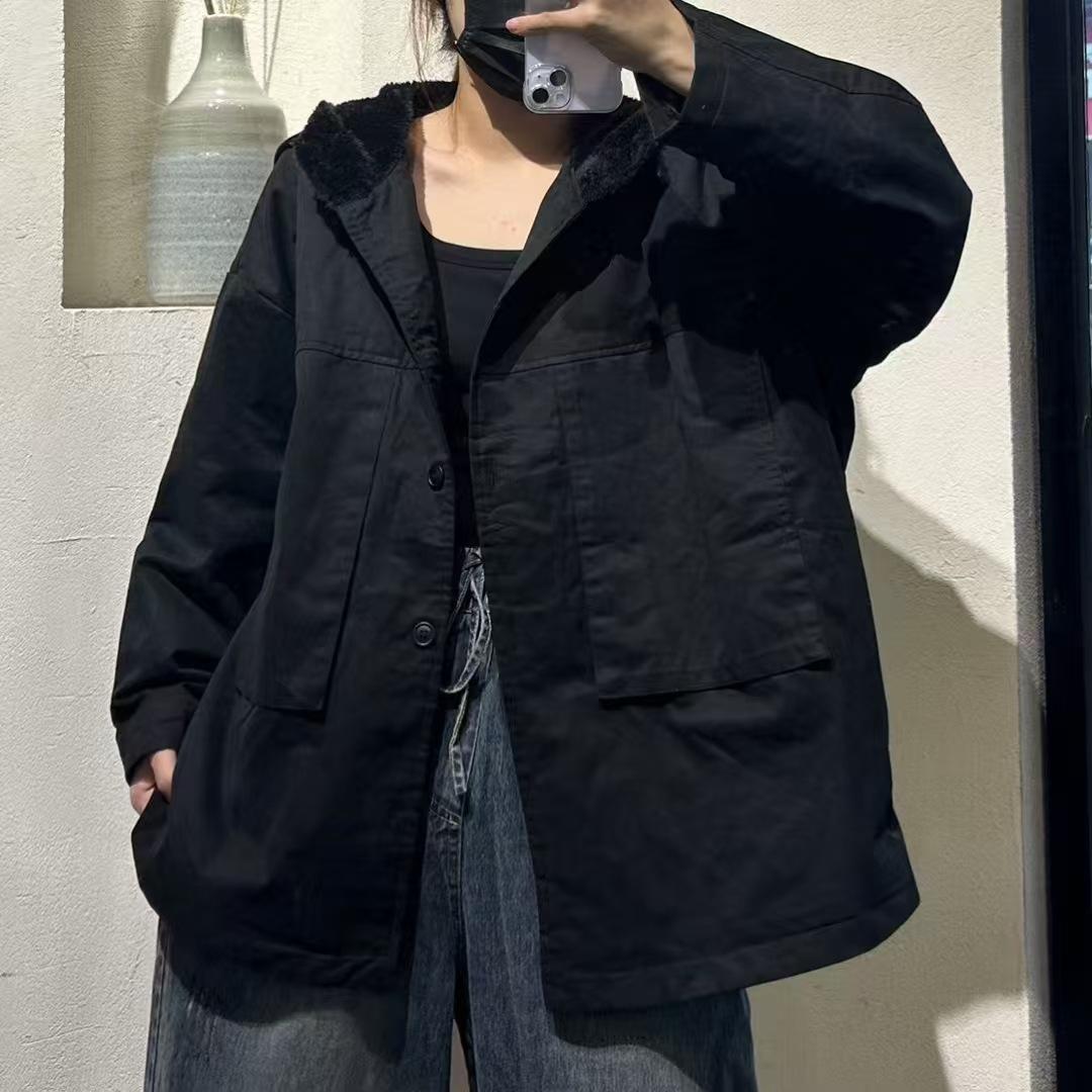

2025 autumn and winter new loose casual solid color large pocket warm tooling jacket niche velvet jacket women One Size чёрный