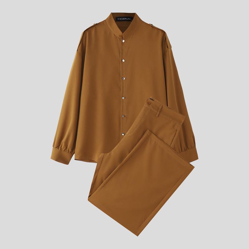 INCERUN Oversized Autumn Men Long Sleeve Shirts Long Pants Casual Two Pieces Sets Outfits