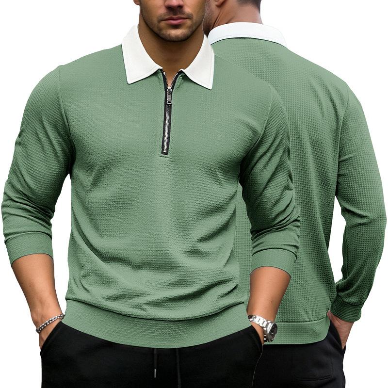 

Men Long Sleeve Waffle Knit Polo Shirt Half Zip Contrast Collar Casual Pullover Top S