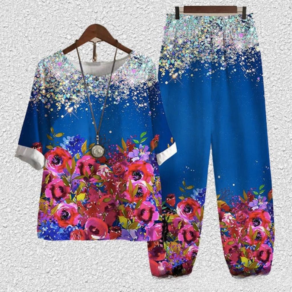 Women's Loose Fit Floral Printed Two Piece Outfit Half Sleeve T-Shirt Elastic Waist Pantsuit