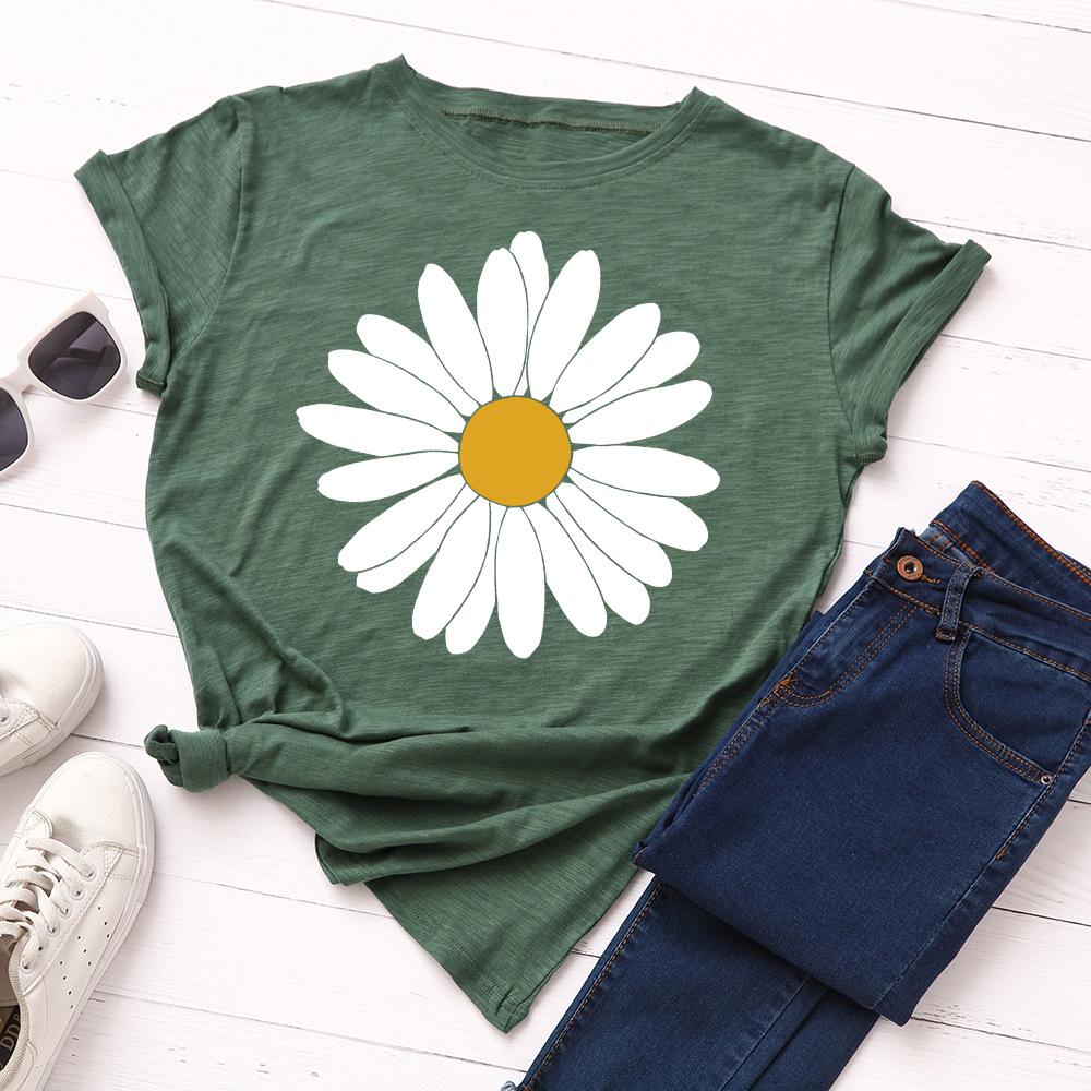 Big Sun Flower Cotton T-Shirt Short Sleeve Round Neck Women 2d Print Tops