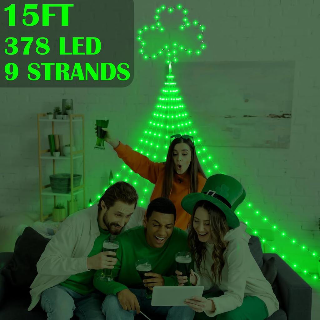 15 ft St. Patrick's Day Decor Lights 438 LED 8 Modes Plug in Curtain Lights Shamrock Lights String for Home Bedroom Indoor Outdoor Party Saint