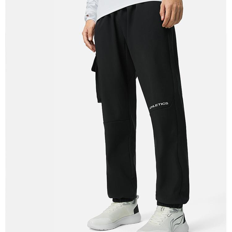 Li Ning Fitness Series Solid Color Multi-Pocket Casual Versatile Fleece Cuffed Knitted Sports Pants Men Pants Black AYKT929-2