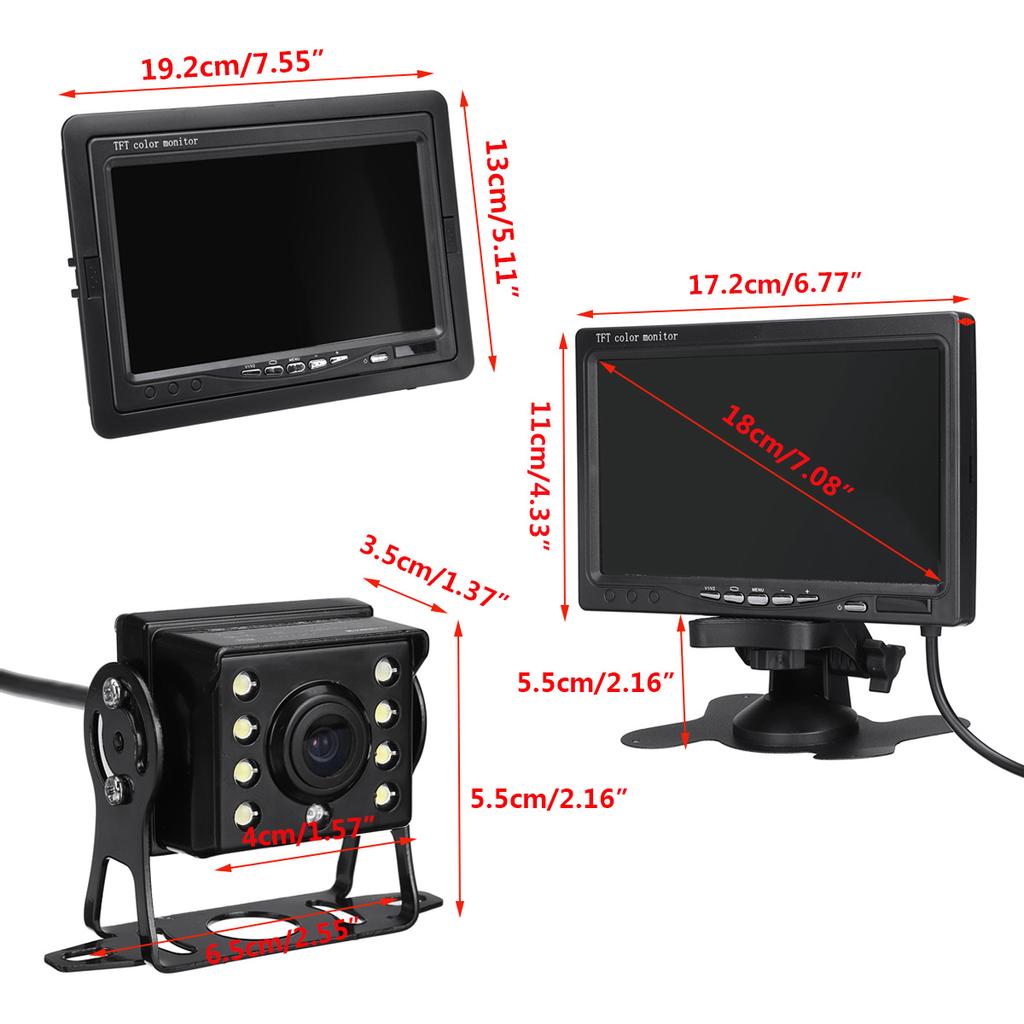 KIT 12V RETROMARCIA MONITOR 7 POLLICI + TELECAMERA 18 LED CAMPER CAMION DS