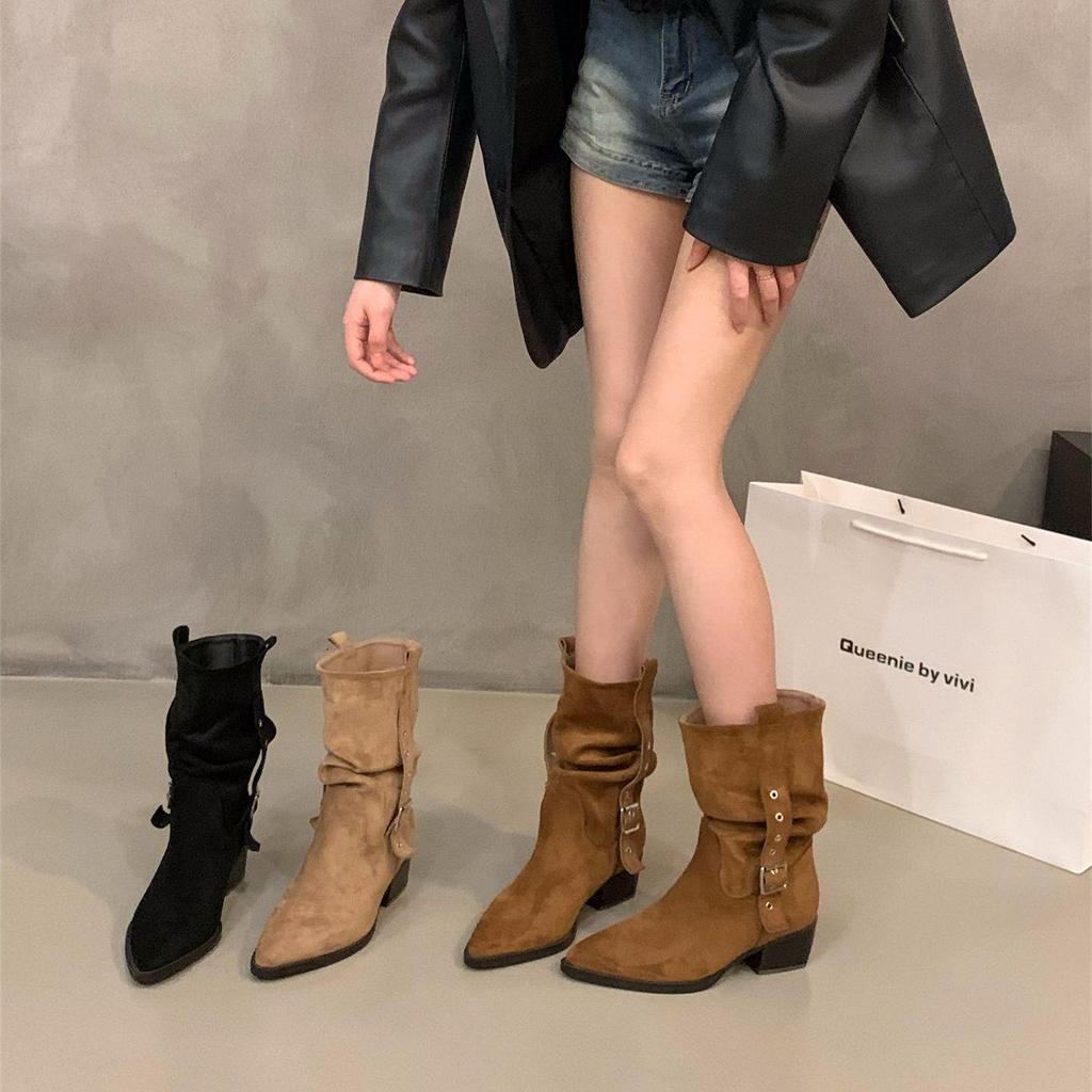 Women's Suede Pointed Toe Mid-Calf Western Boots - Autumn/Winter 2025 Collection