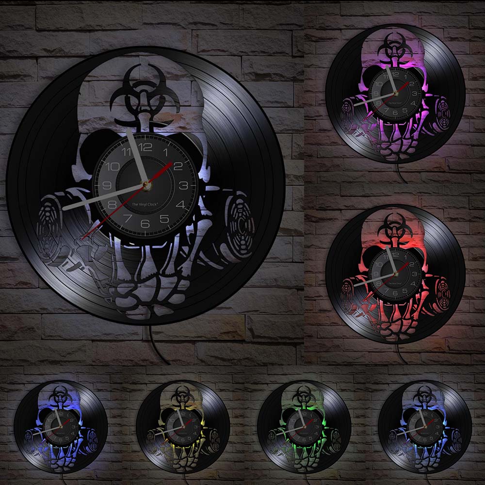 Schädel-Kopf-Vinyl-Schallplatten-Wanduhr im Alter von Skelett-Kopf-Wanduhr, Skelett-Vampir-Männer, Halloween-Dekor, Wandbehang-Uhr