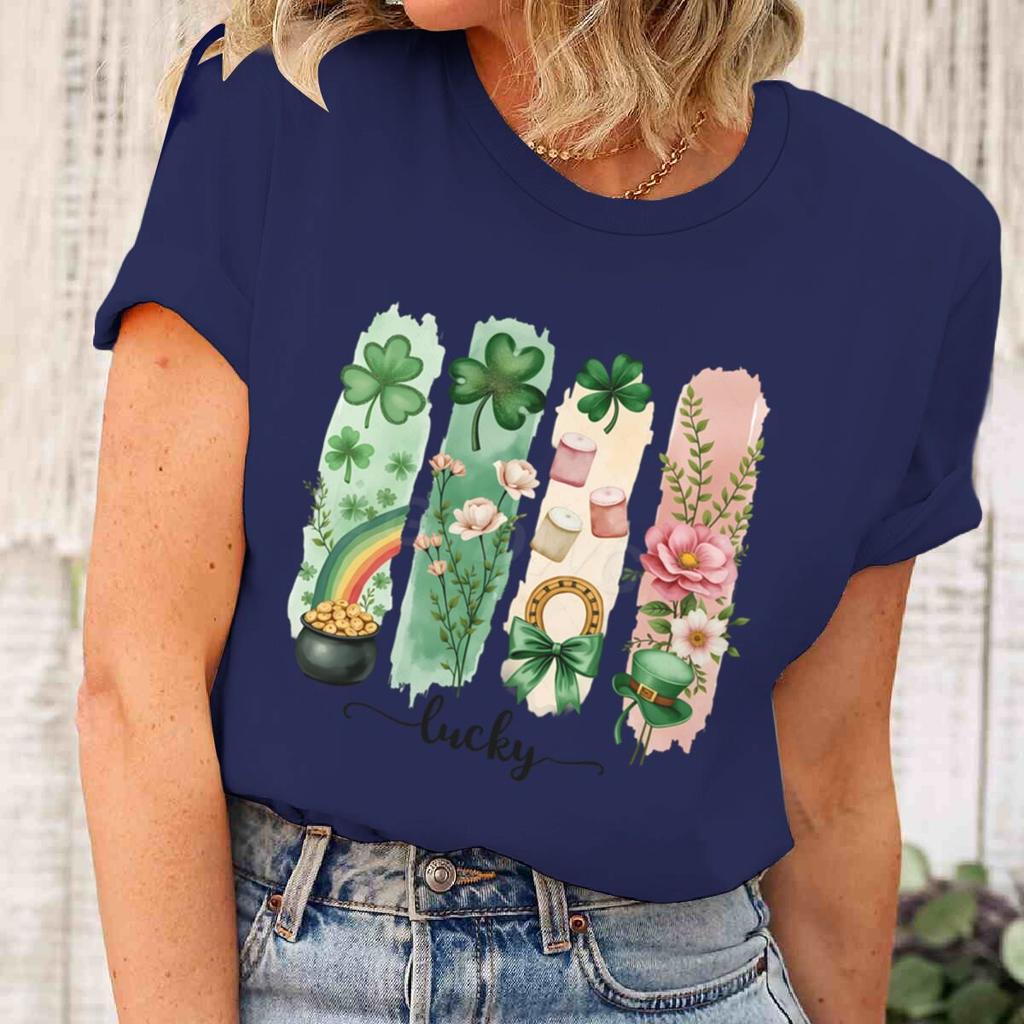 Vintage St. Patrick's Day T-Shirt Women Lucky Four Clover & Floral Short Sleeve Tee Girl Lucky Clover Festival Casual Tops