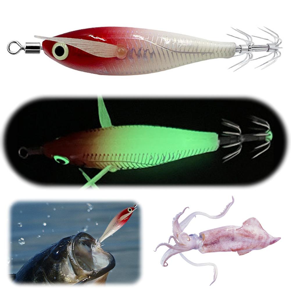 Luminous Artificial Squid Hook Horizontal Prawn Hook 80mm Wood Shrimp Cuttlefish Hard Bait for Cuttlefish Sea Fishing