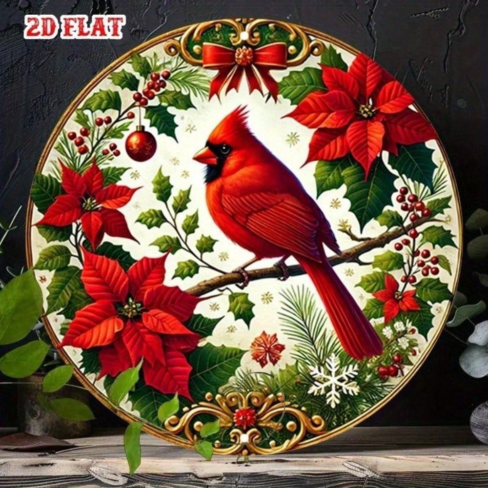 Set of 4 Vintage Round Tin Signs Retro Kitchen Wall Art Rustic Floral Cardinal Poinsettia Metal Decor 8x8 Inch