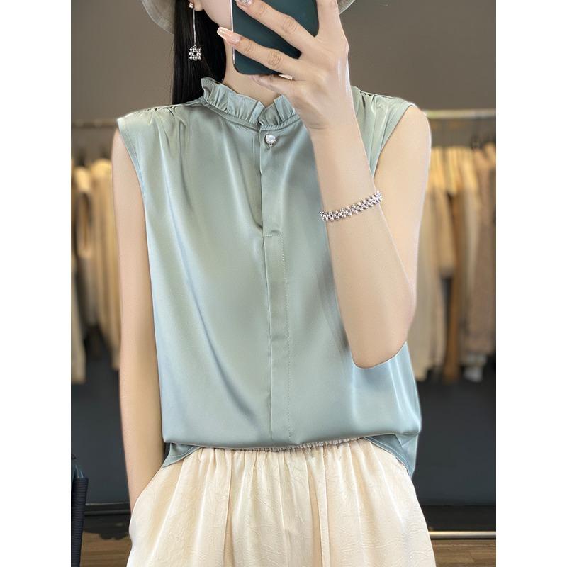 VEZFAA Women's Fashion Casual Summer Spring Solid Color Print Sleeveless Stand-Neck Blouses & Shirts