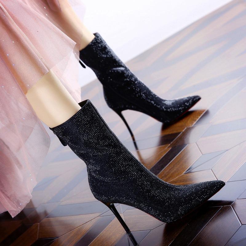 Fashion 2024 Spring and Autumn New Pointed Rhinestones Fashion Outwear Thin Heels Women's Versatile Bare Boots Single Boots Women