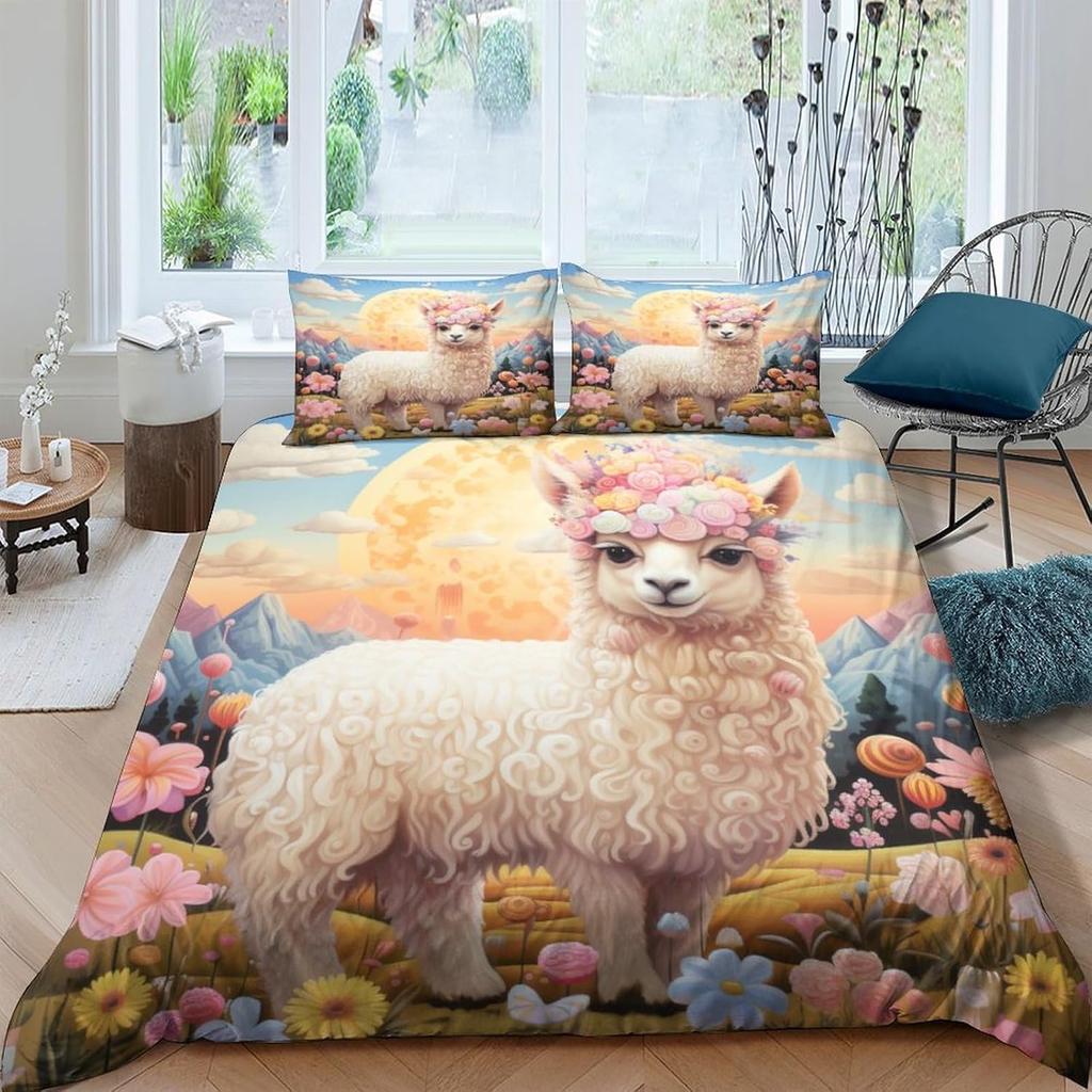 Alpaca 3D Printed Cloud Animal Duvet Cover Queen Size Cotton Comforter Bedding Set 3 Pcs With Pillowcases For Kids And Adults
