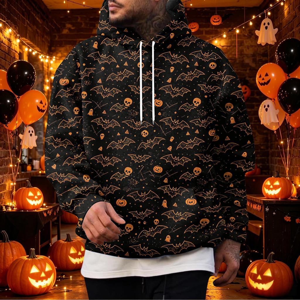 Men's Halloween Print Pullover Hoodie with Single Pocket for Holiday Celebration