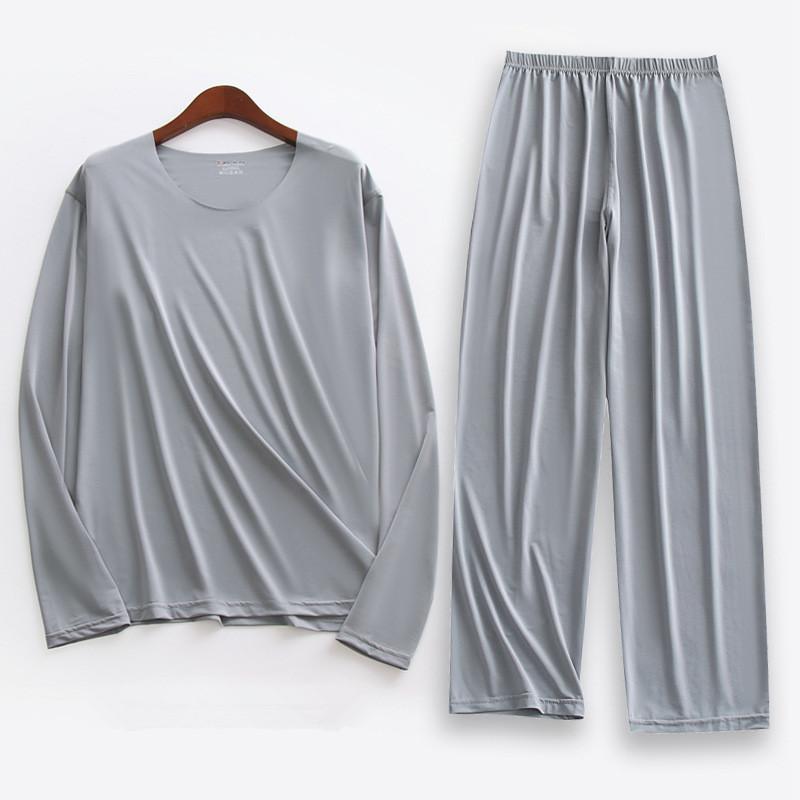 Übergröße 5XL Herren Eis Seide Pyjama Set Einfarbig Langarm Oberteile und Hosen Nachtwäsche 2-teilige Sets Weich Bequem Lounge Haus Nachtwäsche Männlich