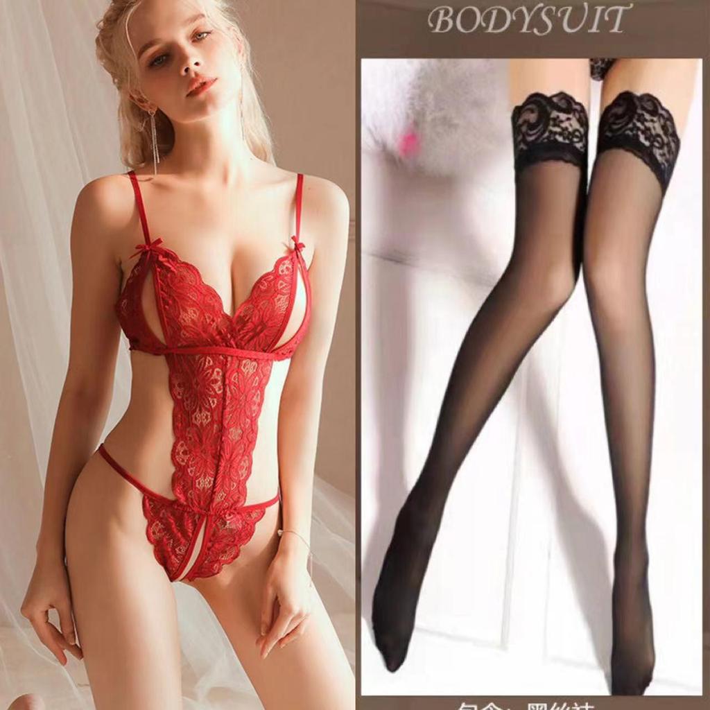 Verführerischer Spitzen-Ausschnitt-Body mit offenem Schritt für Frauenspiel