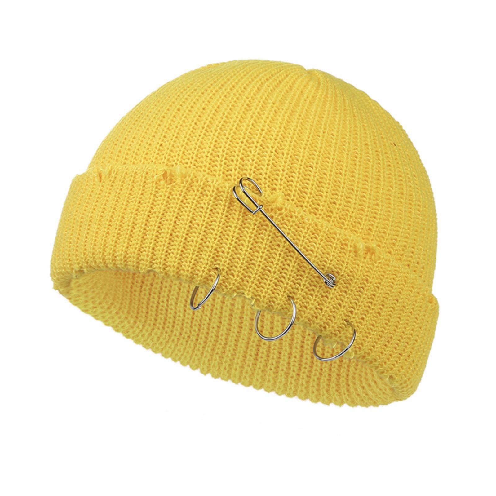 

Трендовая вязаная шерстяная шапка осенне-зимнего сезона однотонного цвета с булавкой и металлическим кольцом, винтажная дырявая шерстяная шапка-пуловер One Size жёлтый