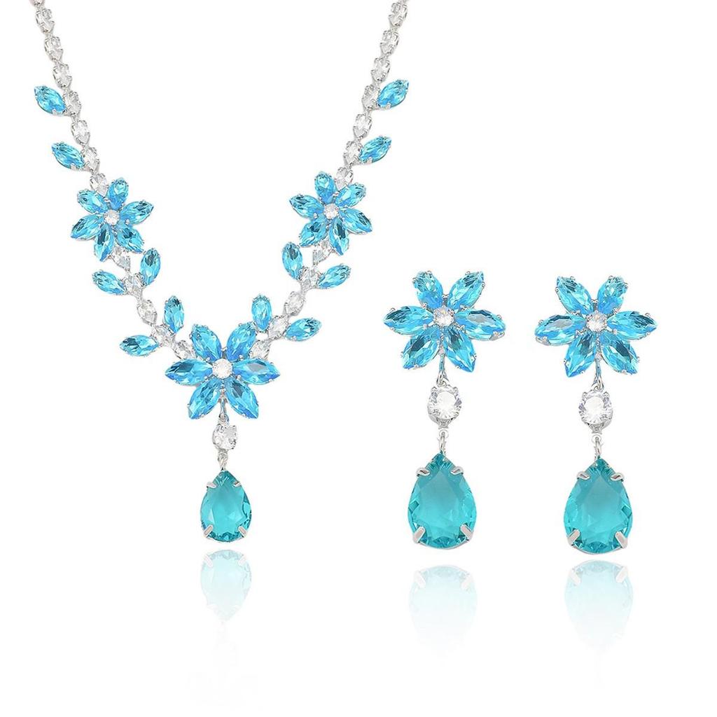 European Style Zircon Sea Blue Flower Necklace & Earrings Set