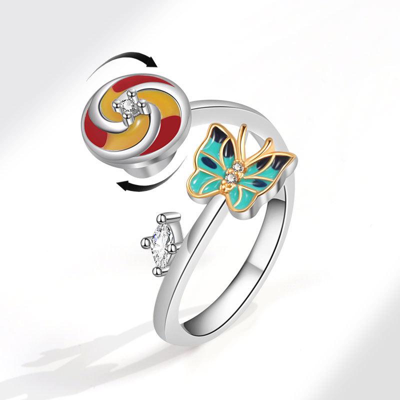 Cute Rabbit Animal Adjustable Open Rings For Women Crystal Anxiety Relief Spinning Rotate Freely Ring Jewelry Accessories