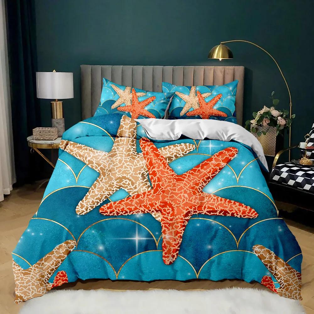 Starfish Duvet Cover Set Ocean Bedding Set Hawaiian Marine Sea Waves 3D Starfish Comforter Cover King Size Polyester Qulit Cover