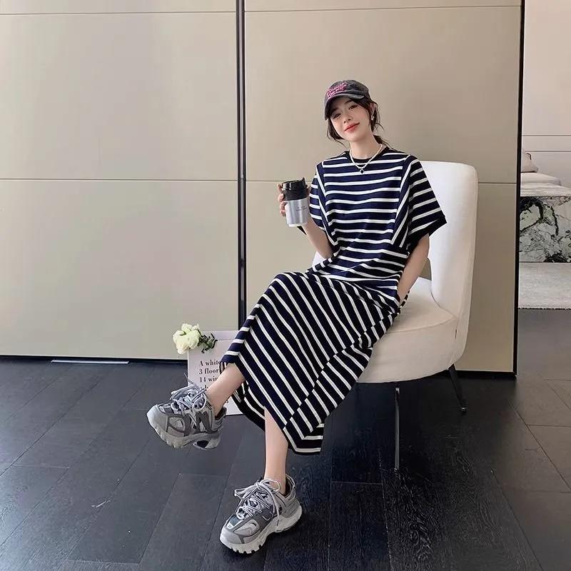 

Women s Navy Blue and White Striped Maxi Dress Casual Loose Fit Short-Sleeve T-Shirt Dress M