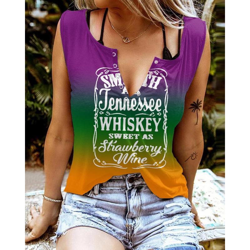 Zabawne T-shirty damskie bez rękawów z nadrukiem literowym i kolorowym dekoltem w serek