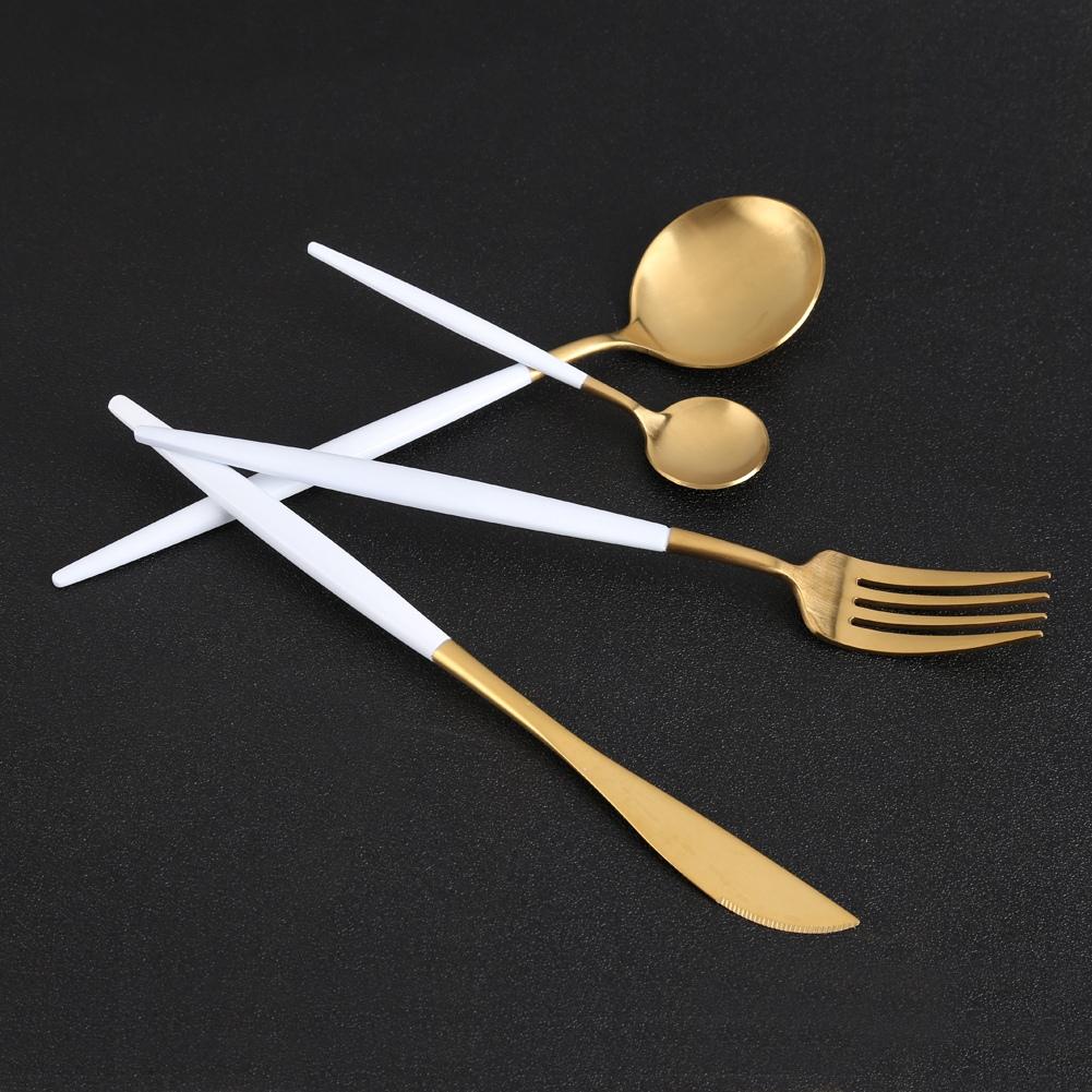 4Pcs Set Stainless Steel Colored Tableware Spoon Fork Knife Dinnerware Home Use White  Golden