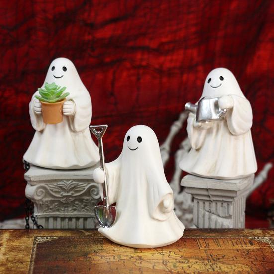 3 Pcs Halloween Ghost Figurines Resin Gardening Ghost Statue Cartoon Ghost Collectibles