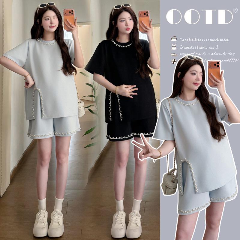 2026 Summer French Beaded Maternity Top & Shorts Two-Piece Set - Loose, Slimming Design XL
