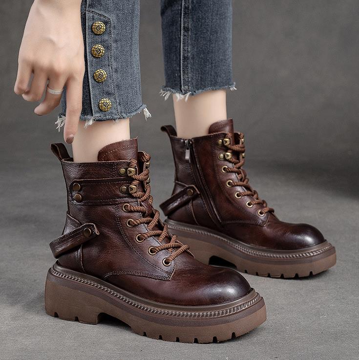 Mode 6CM Damen Leder Stiefeletten 6cm Frühling Kuh Echt Rund Zehen Herbst Plateau Keil Mokassins Ethno Bequeme Ballerinas Schuhe