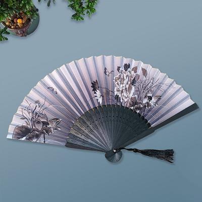 2026 Silk Vintage Folding Fan Colorful Tassel Elegent Hand Fan Hand Fan Bamboo Shank Classical Dance Fan Female