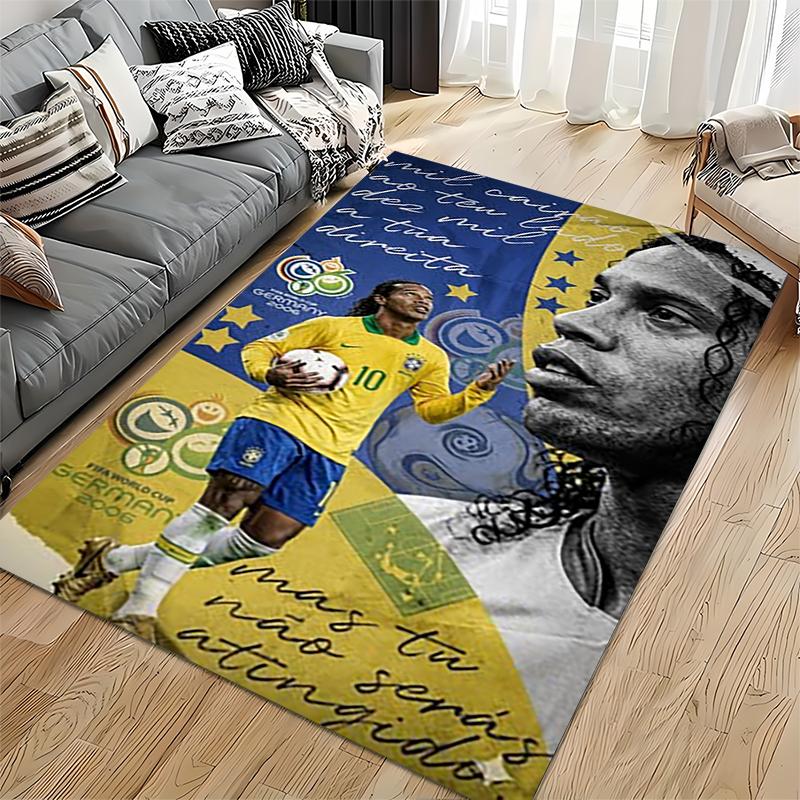 Sports Area Rug, Ronaldinho Brazil 10 World Cup 2006 Germany Vintage Poster, Fan Cave Decor, Non-Slip Mat